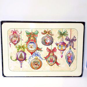 1995 Pennyroyal Christmas Ornaments Placemats Set of 4 Cork Melamine w/Box
